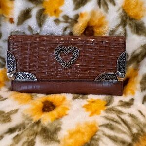 Texas Leather Manufacturing Brown Woven Heart Accent Wallet with Silver Corners